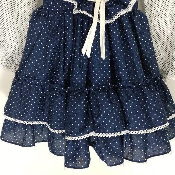 Vintage Miss Quality Girl Ruffled Dress Size 6 Polka Dot Lace Circle 80s Bow - Picture 8 of 15